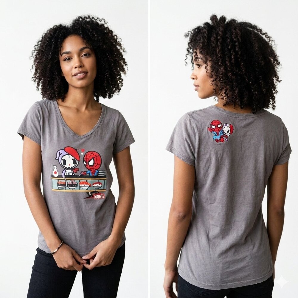 Tokidoki x MARVEL Spider-Man Sushi Date Graphic Tee Medium Gray Rare Collab